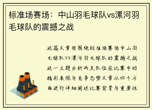 标准场赛场：中山羽毛球队vs漯河羽毛球队的震撼之战