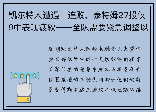 凯尔特人遭遇三连败，泰特姆27投仅9中表现疲软——全队需要紧急调整以重拾胜利